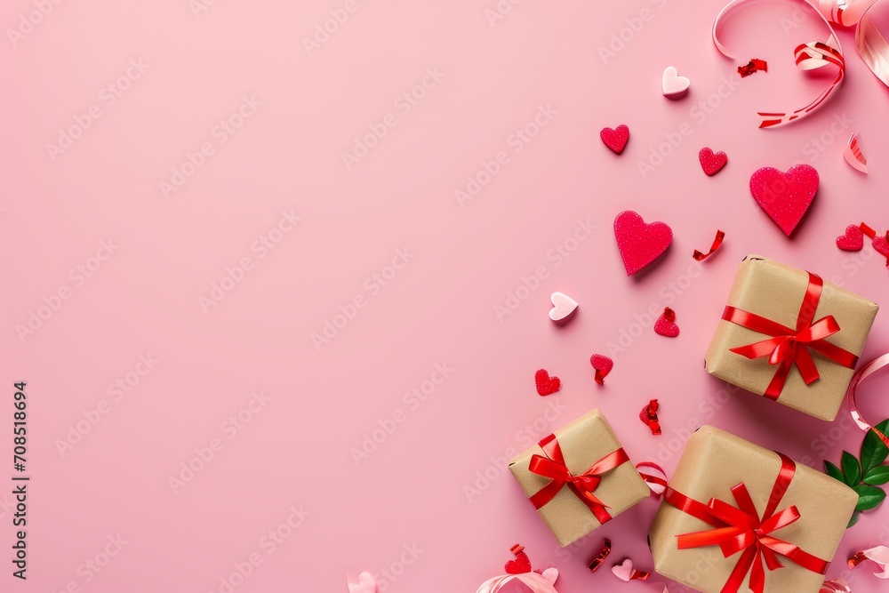 Gift box with a Valentine's theme with love scattered on a pink background