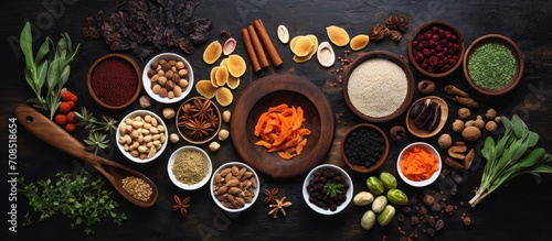 Natural and Chinese herbal remedies that treat irritable bowel syndrome, rich in antioxidants, protein, fiber, vitamins, minerals, carbs, and anthocyanins. Flat lay. photo