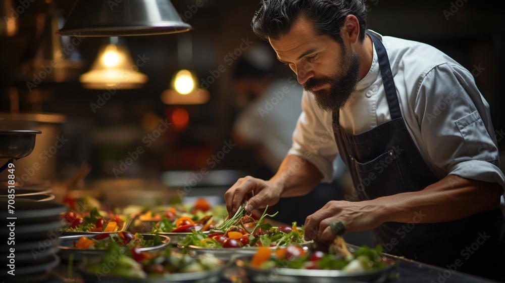 Focused male chef carefully preparing delicious salad in commercial kitchen