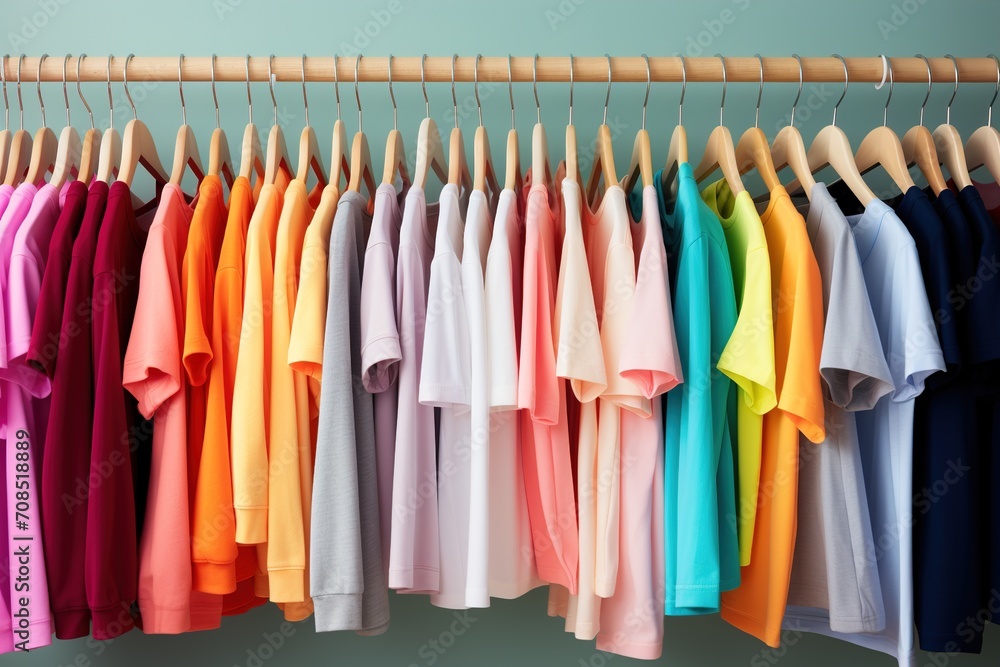 T shirts in light pastel colors hanging on a hangers on a wooden rack T shirts in light pastel colors hanging on a hangers on a wooden rack
