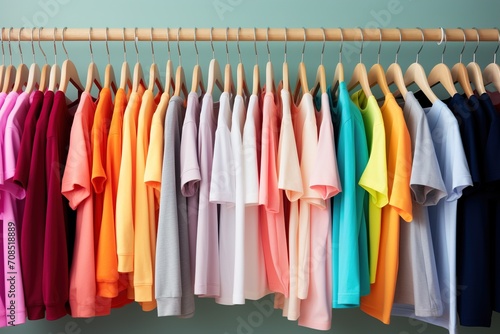 T shirts in light pastel colors hanging on a hangers on a wooden rack