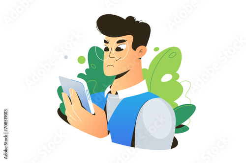 Young man using mobile phone isolated on white background. Person with smartphone in hands. Guy with cellphone communicating, texting, looking at telephone. Flat vector illustration