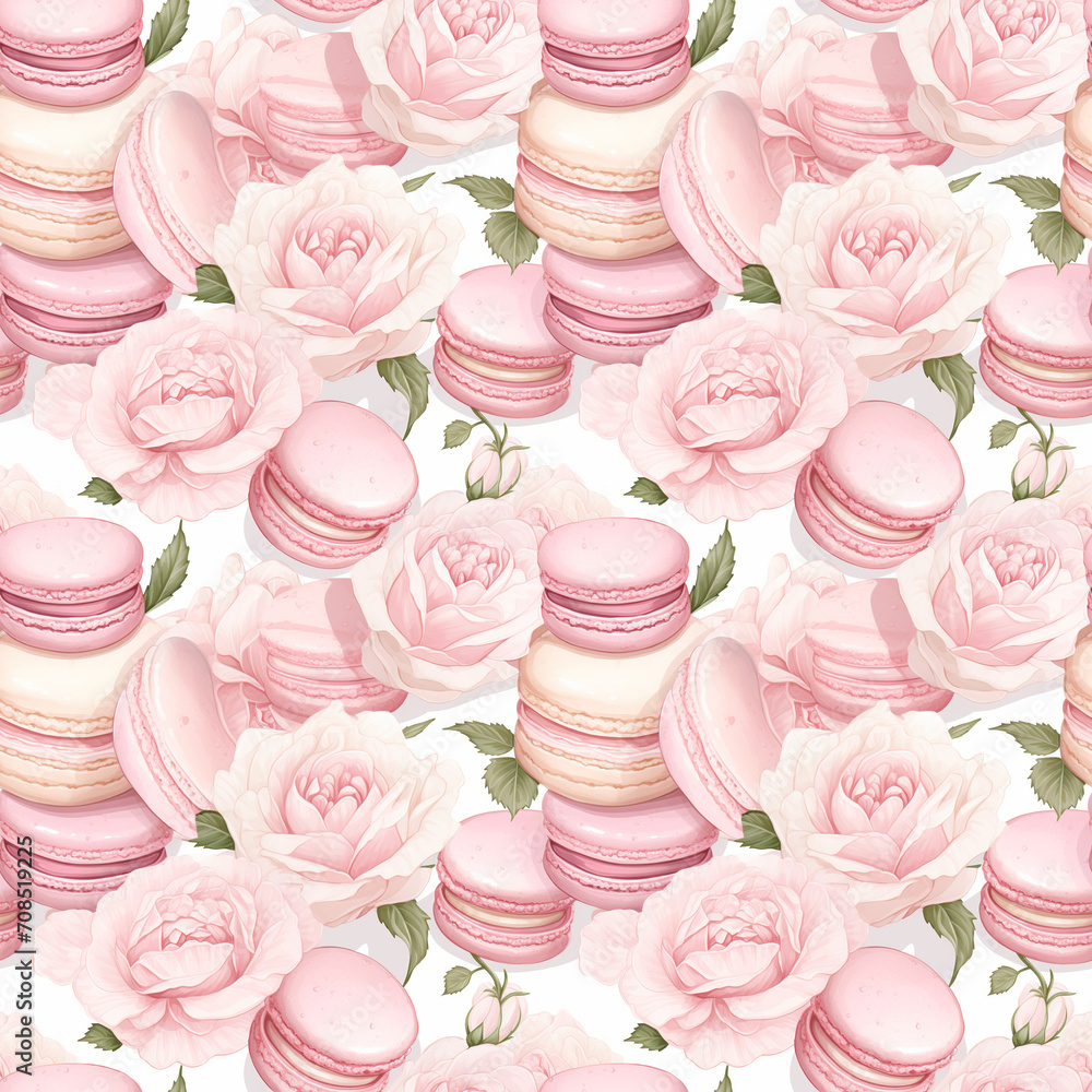 Macarons with rose petals seamless pattern. Gift wrapping, wallpaper, background. Wedding or Valentine's day concept Macarons with rose petals seamless pattern. Gift wrapping, wallpaper, background. Wedding or Valentine's day concept