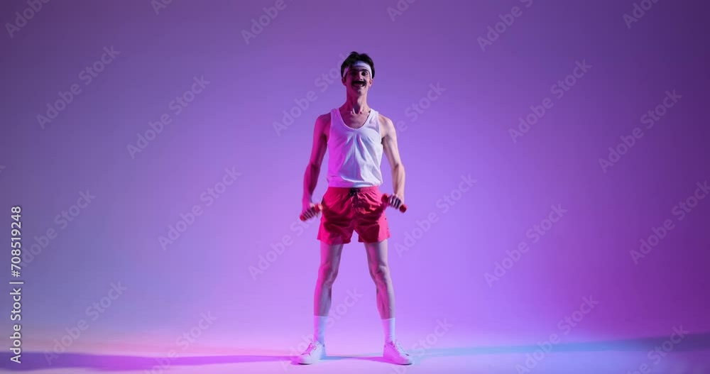 Beaming 80s nerd engages in squat exercises with dumbbells, radiating joy and determination against a vibrant purple background. This lively scene captures the retro charm of a happy workout. Beaming 80s nerd engages in squat exercises with dumbbells, radiating joy and determination against a vibrant purple background. This lively scene captures the retro charm of a happy workout.