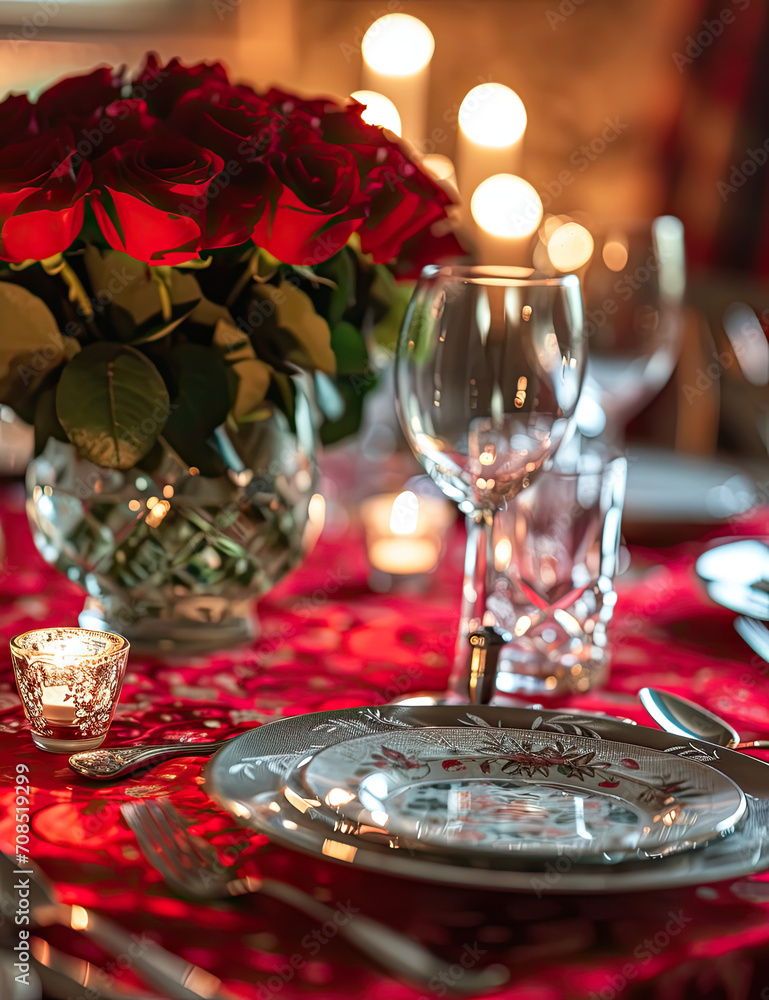 Elegant Romantic Dinner Setting with Red Roses and Soft Candlelight