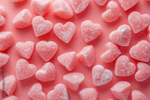Pink heart shaped candies on pink background. Valentines day concept.