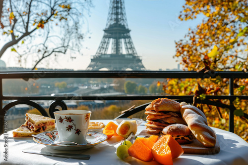 Eiffel tower and breakfast on the terrace in Paris  France
