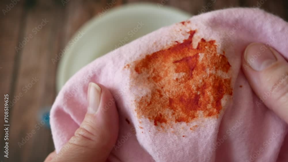 Cleaning laundry manually. Women's hands in gloves washing dirty stained on colored cloth with a stain remover and soak in soapy water Cleaning laundry manually. Women's hands in gloves washing dirty stained on colored cloth with a stain remover and soak in soapy water