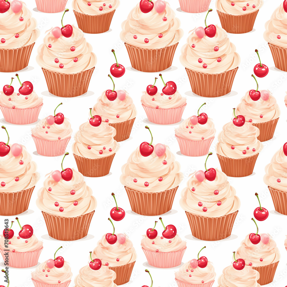 Cupcake with a cherry on top seamless pattern. Gift wrapping, wallpaper, background. Wedding or Valentine's day concept Cupcake with a cherry on top seamless pattern. Gift wrapping, wallpaper, background. Wedding or Valentine's day concept