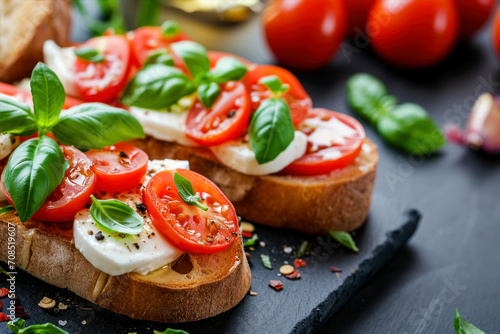 Bruschetta with tomatoes, mozzarella cheese and basil on black background