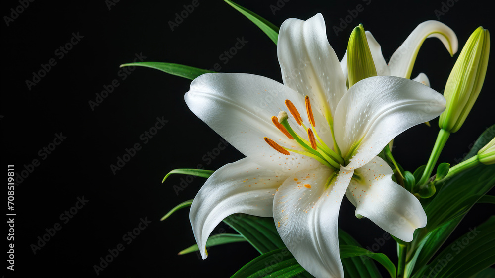 White lily on a black background. Close-up. Studio photography. White lily on a black background. Close-up. Studio photography.
