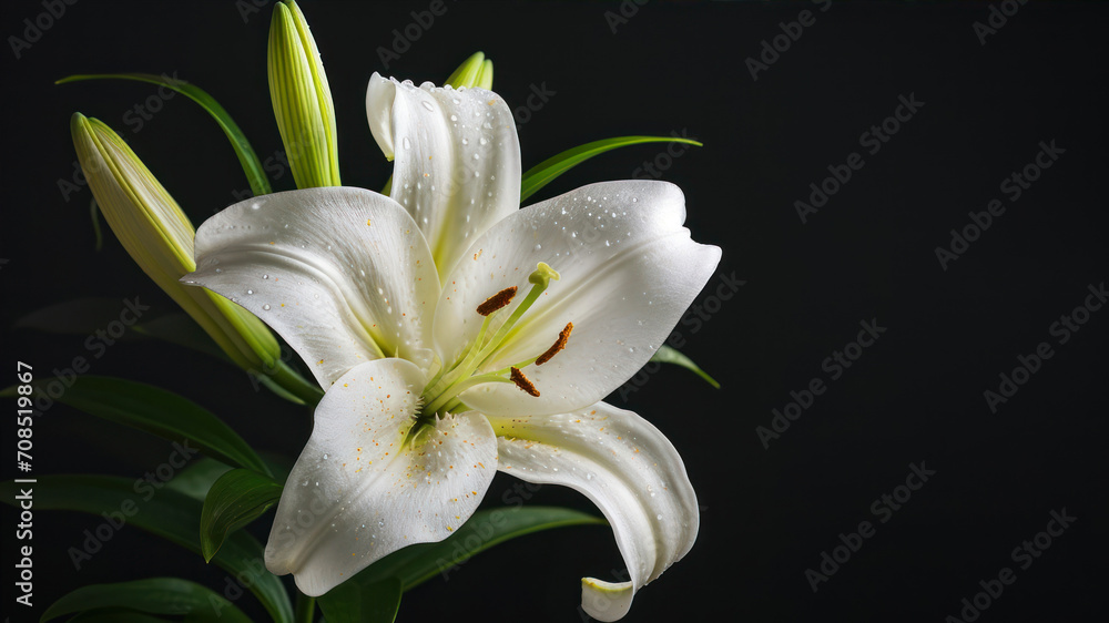 Fototapeta premium White lily with water drops on black background. Studio shot.