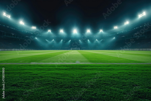 soccer stadium at night with lights and grass field