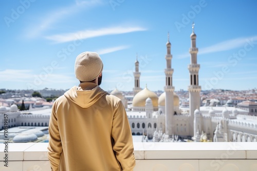 Rear view of a tourist looking at a large mosque with an ancient city in the background