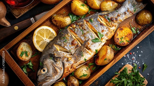 Roasted fish and potatoes, served on wooden tray. overhead, horizontal, copy space