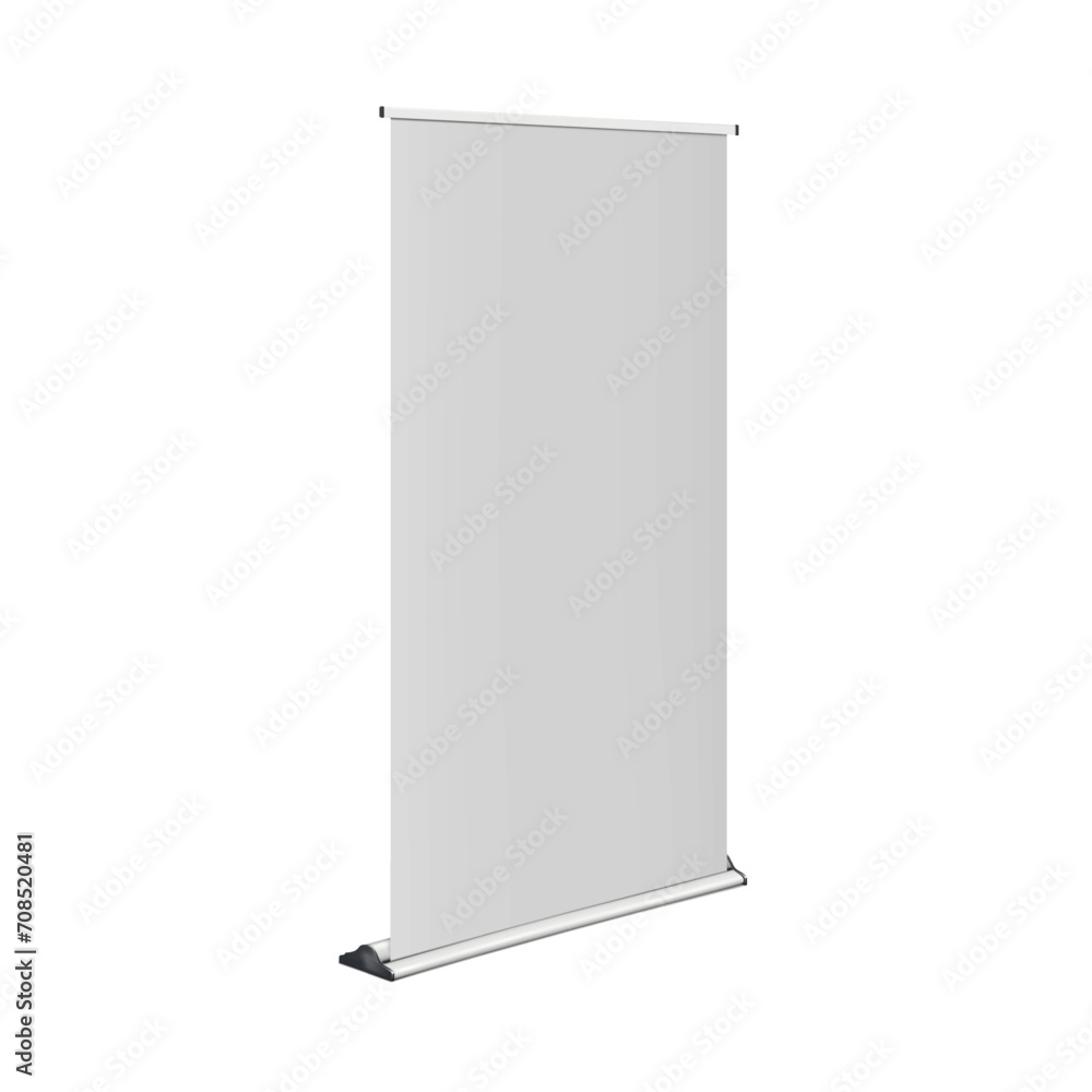 White blank roll-up retractable banner stand realistic vector mock-up. Vertical pop-up roller exhibition display standee mockup. Template for design