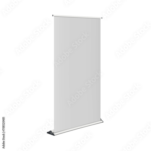 White blank roll-up retractable banner stand realistic vector mock-up. Vertical pop-up roller exhibition display standee mockup. Template for design