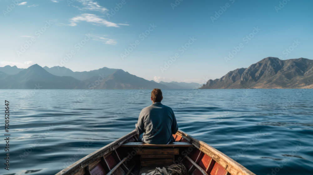 Rear view of man paddling the wooden boat