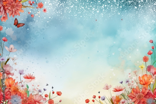 Spring greeting card with empty space for your text in the middle and flowers around as a frame