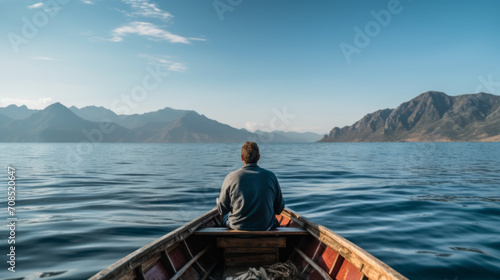 Rear view of man paddling the wooden boat