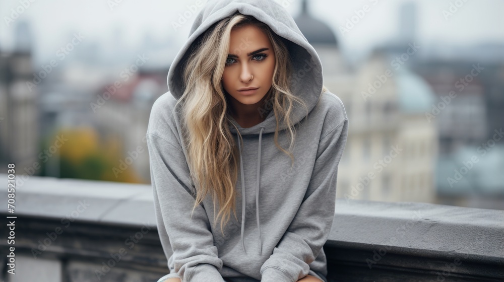 Portrait of a young blonde woman in a gray hoodie