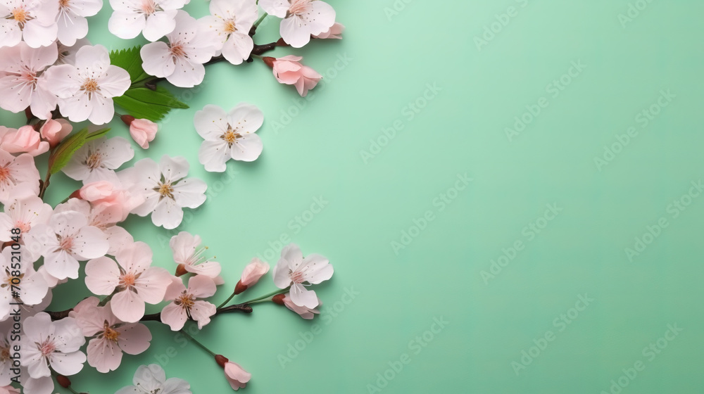 Banner with flowers on green background. Greeting card template for Wedding, mothers or woman's day. Springtime composition with copy space. Flat lay style
