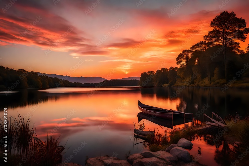 Vibrant sunset hues reflecting on a tranquil lake, casting a warm glow on the surrounding landscape.