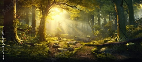 Magical forest with sunlight filtering through trees, perfect for fairy tales, nature retreats, or meditation visuals.