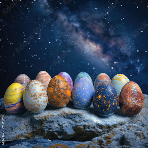 Stellar Easter Eggs Array on Rocky Terrain Against a Cosmic Nebula Backdrop