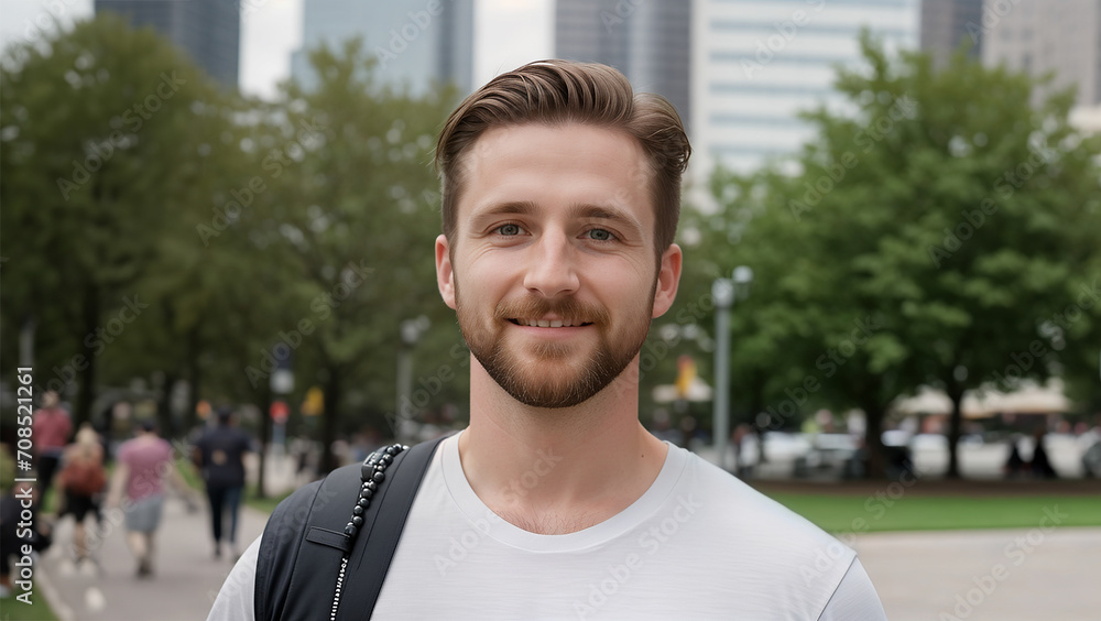 Fototapeta premium Portrait of a caucasian sporty male outdoor, confident smile. Blurred park and people in background. Lifestyle concept