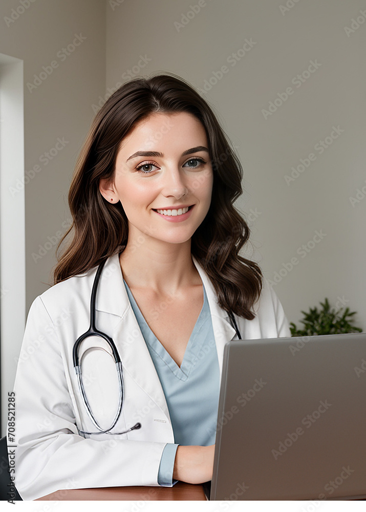 Portrait of a caucasian female doctor in hospital, confident smile. Blurred office background.Medical care concept Portrait of a caucasian female doctor in hospital, confident smile. Blurred office background.Medical care concept