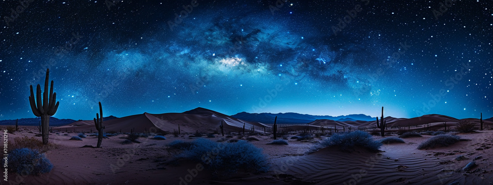 A wide landscape of desert under a starlit night sky. Night landscape of desert with sky full of stars Generated by ai - obrazy, fototapety, plakaty 