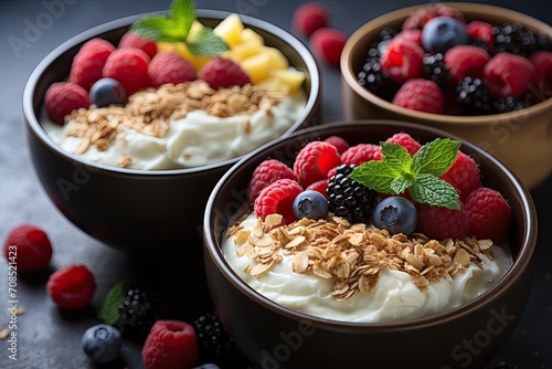 Healthy breakfast bowl with ingredients granola fruits Greek yogurt and berries. Healthy food and diet concept. Weight loss, healthy lifestyle and eating concept
