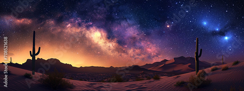 A wide landscape of desert under a starlit night sky. Night landscape of desert with sky full of stars Generated by ai photo