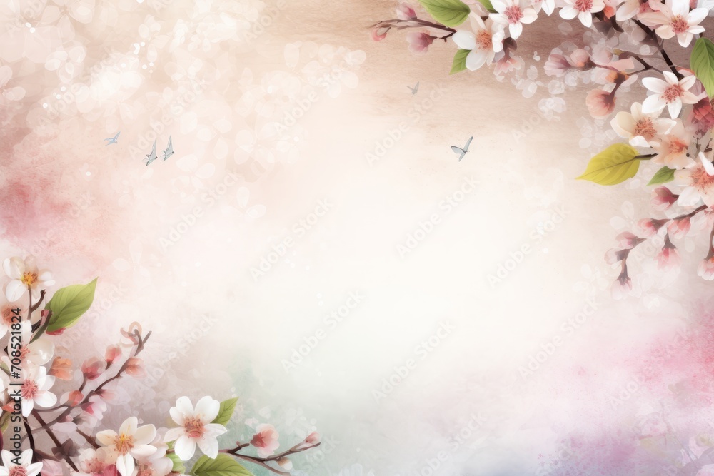 Spring greeting card with empty space for your text in the middle and flowers around as a frame