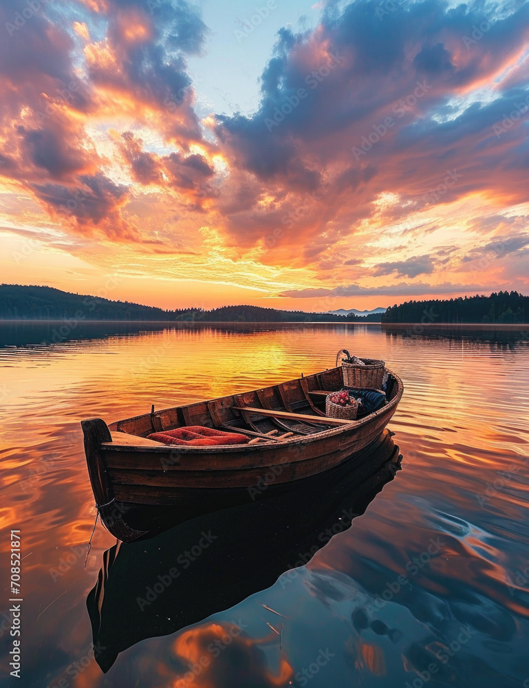 ranquil Lake Dawn with Vibrant Sky Reflected on Water by Vintage Boat