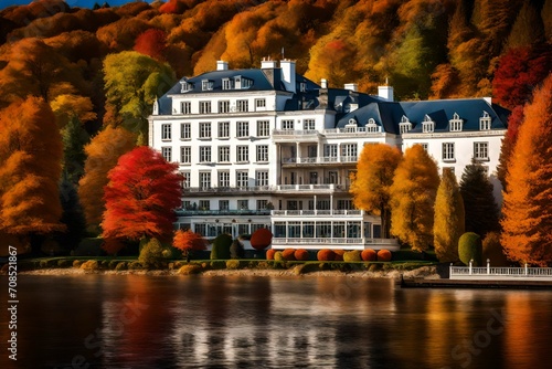 An elegant riverside hotel surrounded by vibrant autumn foliage, the river calmly flowing beside it under a clear blue sky. photo
