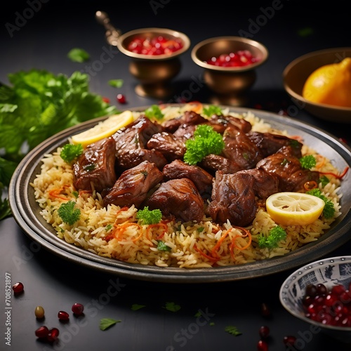 A beautifully arranged plate of Kabsa, a traditional Saudi Arabian rice dish with meat and aromatic spices