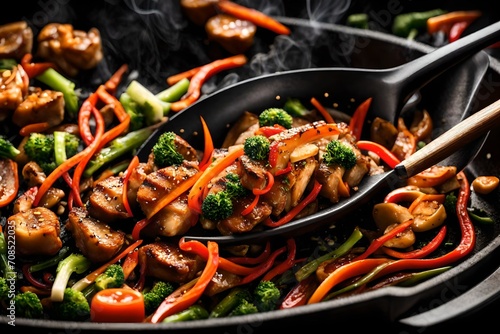 A close-up of a sizzling stir-fry in a pan, capturing the moment of perfect caramelization.