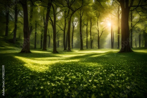 A pristine grassy meadow surrounded by dense trees  with sunlight filtering through the leaves and illuminating patches of the green carpet.