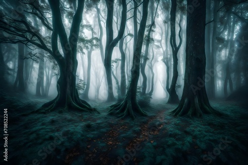 A mysterious fog enveloping a mystical forest, with tree silhouettes barely visible in the ethereal mist. photo