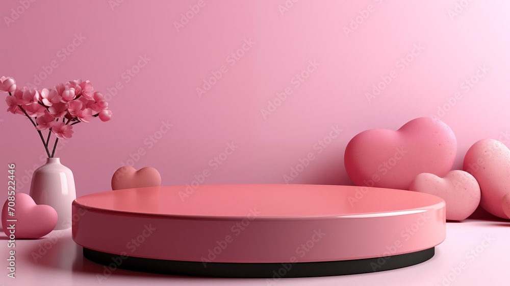 Pink empty podium , creating a stylish and festive mock-up. Perfect for showcasing love-themed products or messages with a touch of elegance and celebration. Good for advertising of perfume, cosmetics