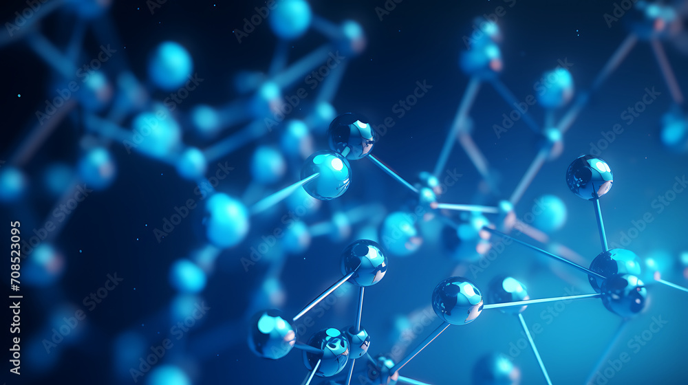 Blue molecule atoms on liquid serum background. DNA Model Structure Atoms background Medical. 3d rendering Blue molecule atoms on liquid serum background. DNA Model Structure Atoms background Medical. 3d rendering