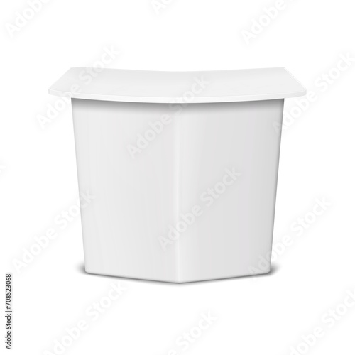 Curved white blank tradeshow promotional table for brand design realistic vector mockup. Portable exhibition counter mock-up. Trade show display stand template
