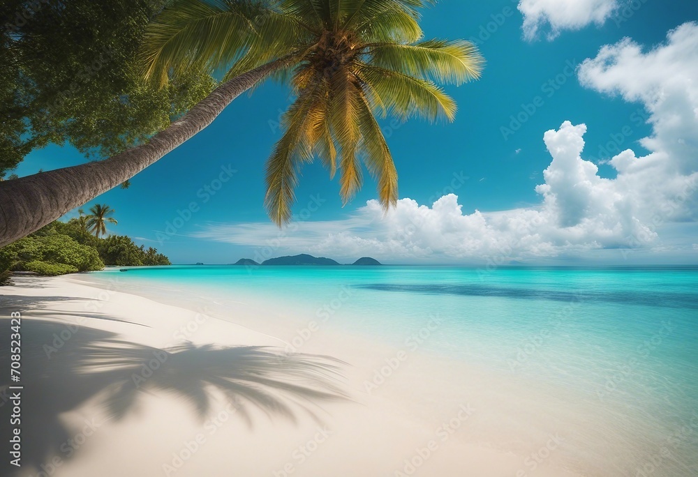 Beautiful palm tree on tropical island beach on background blue sky with white clouds and turquoise