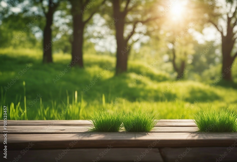 Beautiful spring natural background with green fresh juicy young grass and empty wooden table in nat Beautiful spring natural background with green fresh juicy young grass and empty wooden table in nat