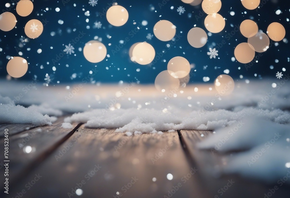 Beautiful winter snowy blurred defocused blue background and empty wooden flooring Flakes of snow fa Beautiful winter snowy blurred defocused blue background and empty wooden flooring Flakes of snow fa
