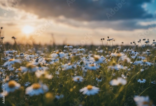 Beautiful field meadow flowers chamomile blue wild peas in morning against blue sky with clouds natu