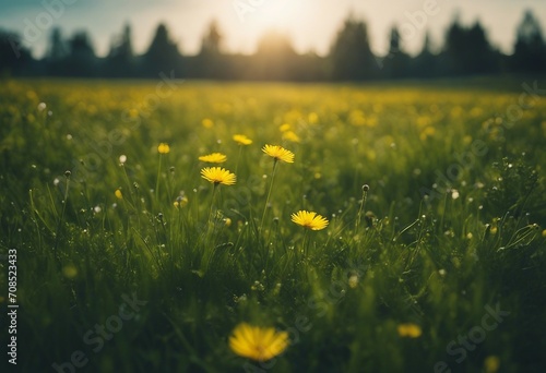 Beautiful meadow field with fresh grass and yellow dandelion flowers in nature against a blurry blue