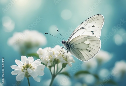 Beautiful white butterfly on white flower buds on a soft blurred blue background spring or summer in